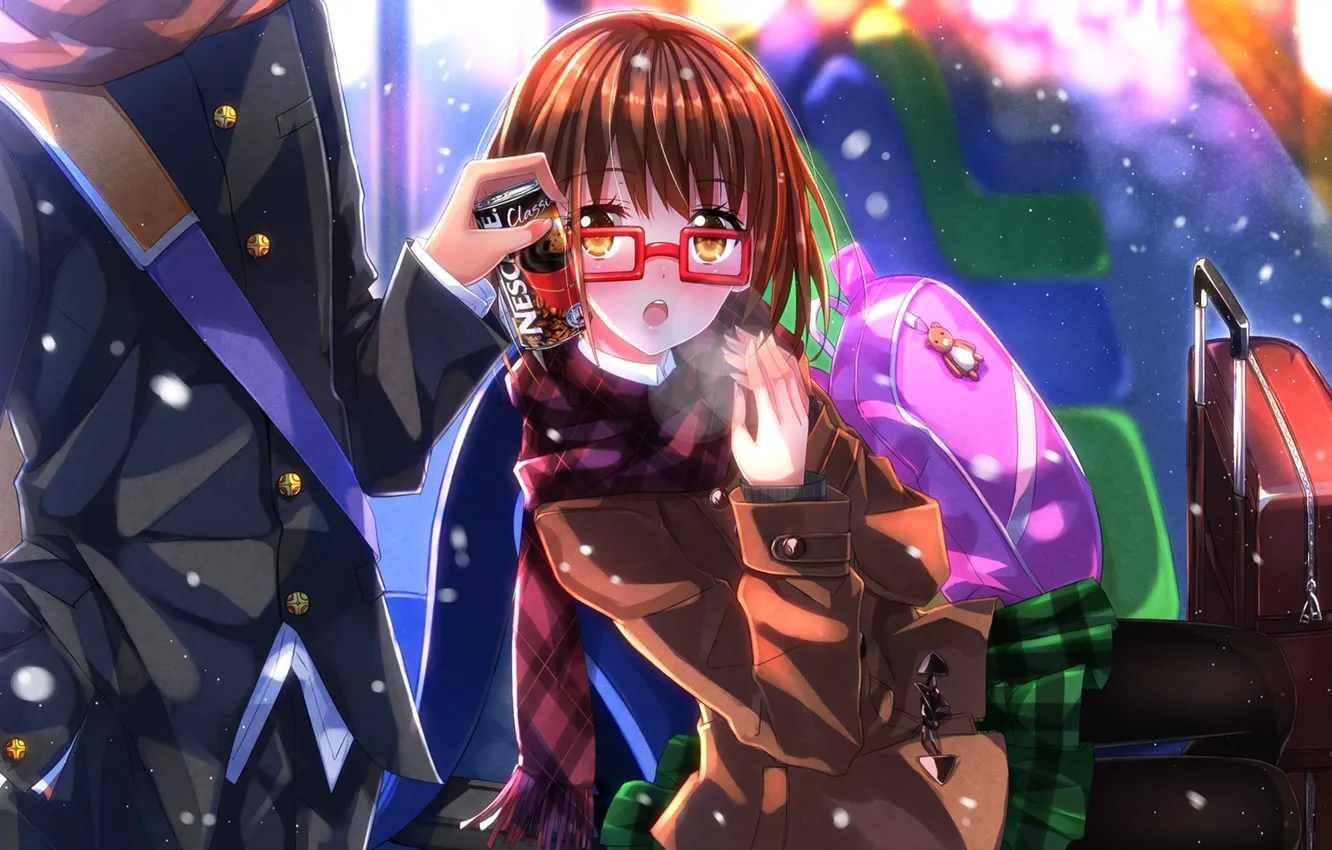 Photo wallpaper girl, scarf, glasses, suitcase, backpack