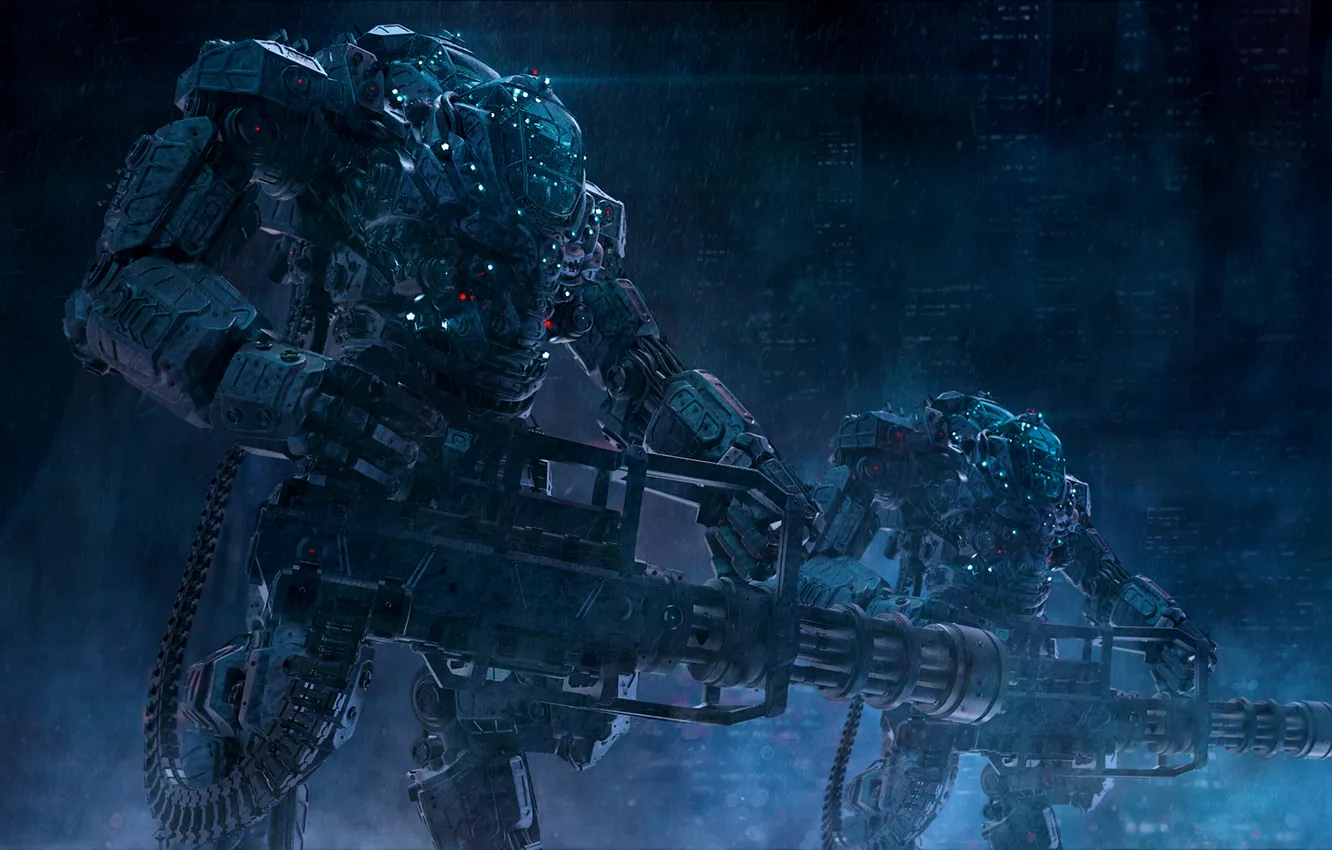 Photo wallpaper robot, machine gun, mech, juggernaut