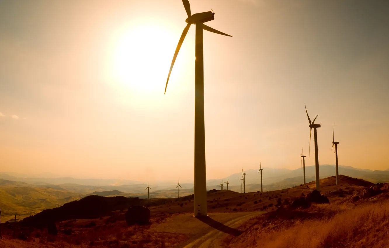 Photo wallpaper the sky, the sun, landscape, photo, hills, Wallpaper, view, mill