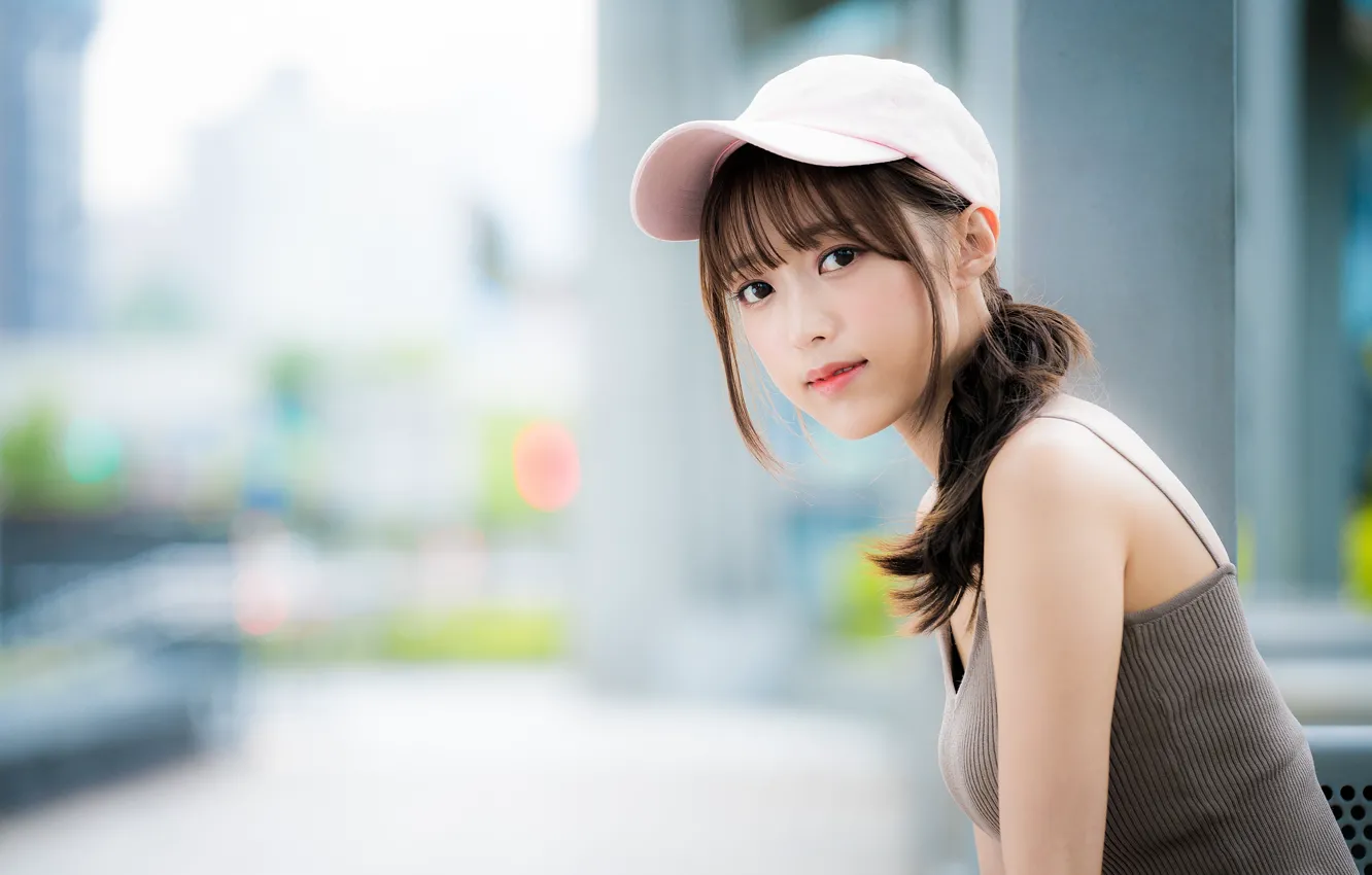 Photo wallpaper look, girl, cap, Asian, cutie, bokeh