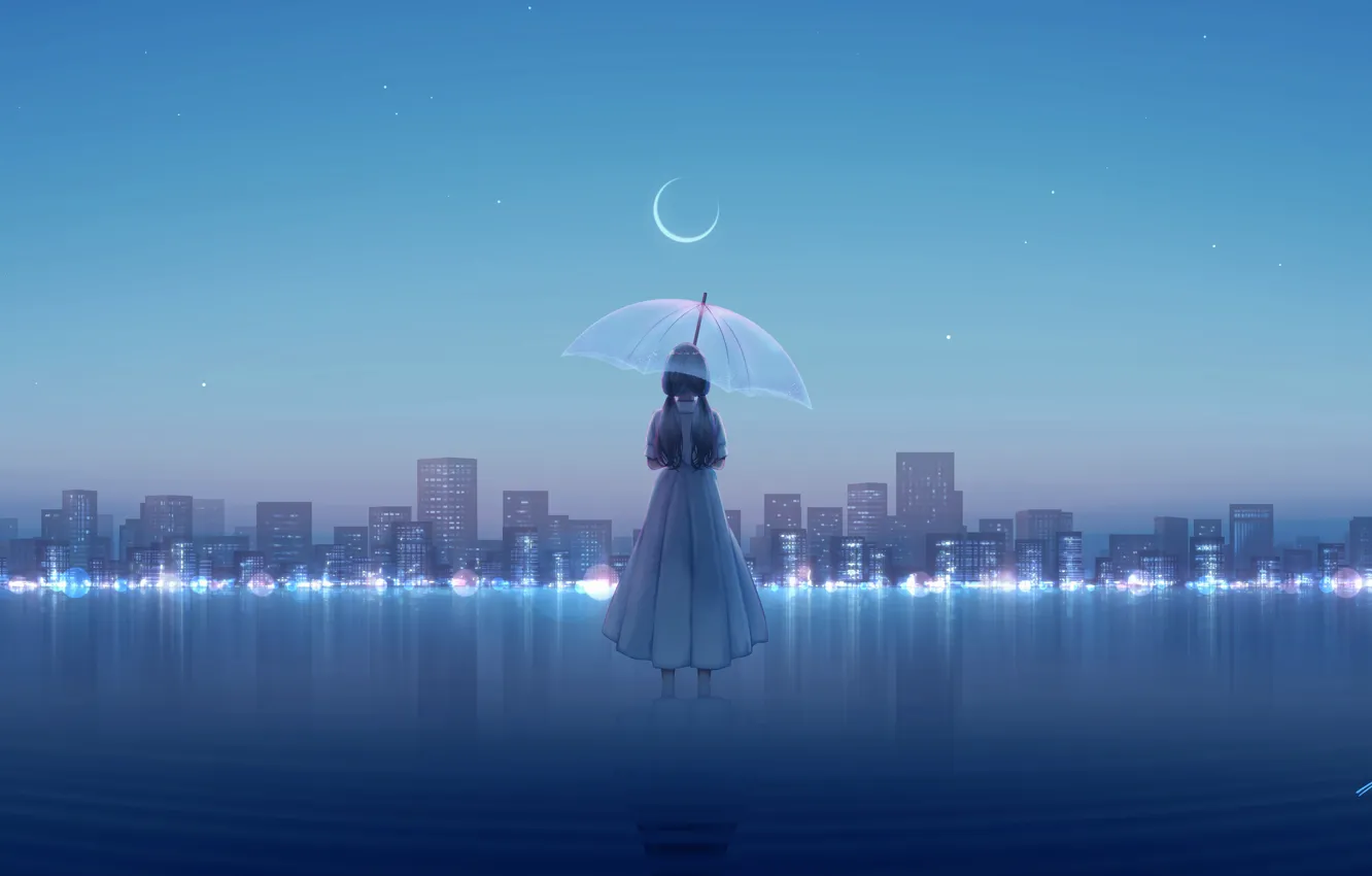 Photo wallpaper water, girl, the city, umbrella, Crescent