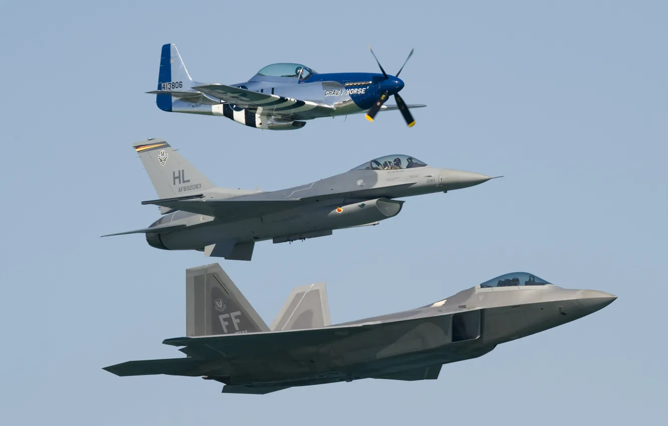 Photo wallpaper flight, Mustang, fighter, P-51, F-16, Fighting Falcon, F-22 Raptor
