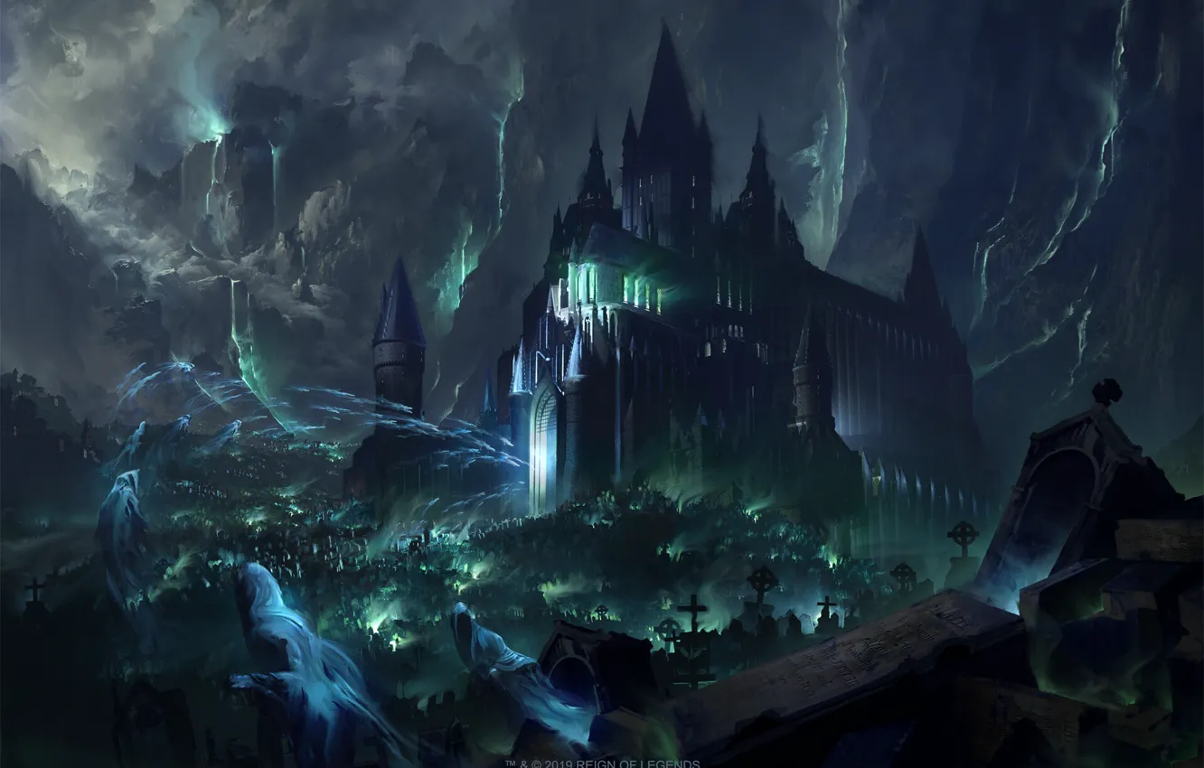 Photo wallpaper city, the city, castle, darkness, art, Ghost, shower, cemetery