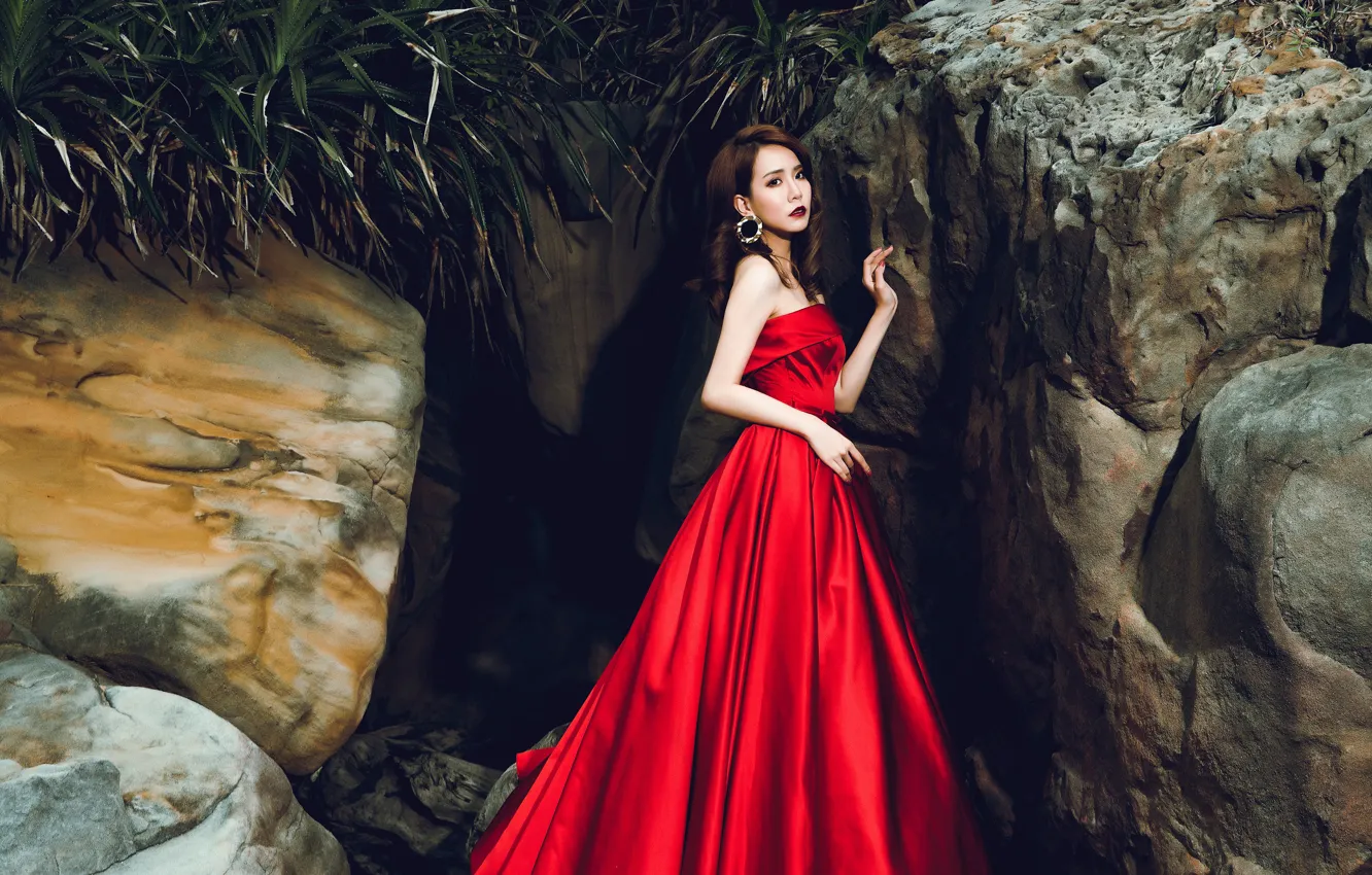 Photo wallpaper sadness, leaves, girl, pose, stones, mood, rocks, sadness