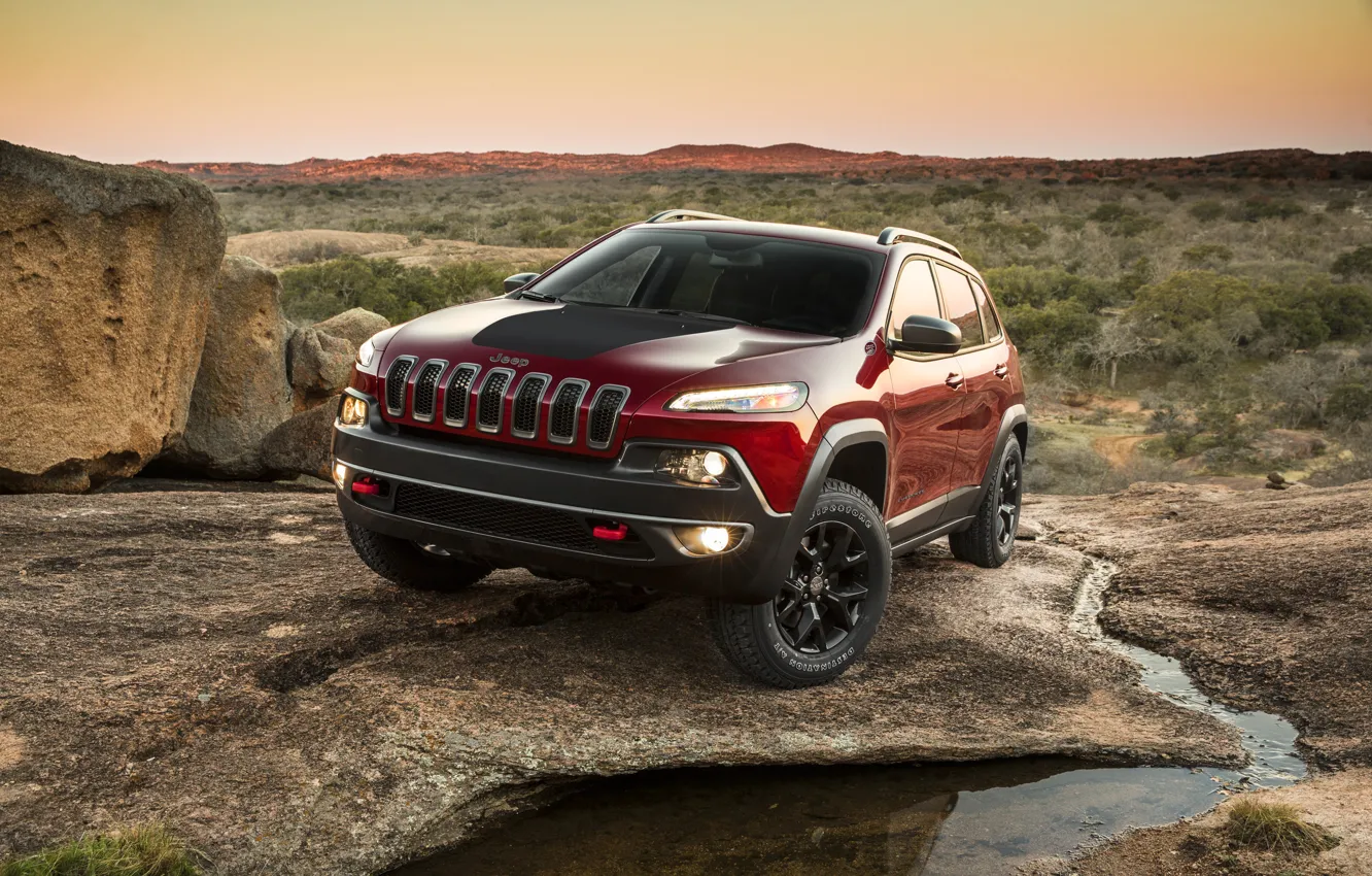 Photo wallpaper Sunset, Red, Mountains, SUV, Jeep, car, Jeep, Cherokee