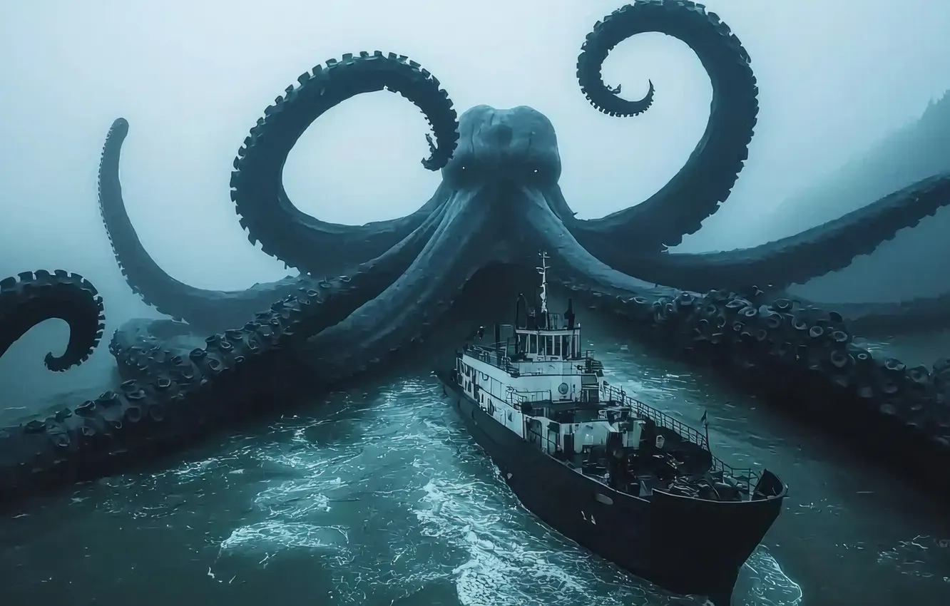 Photo wallpaper Sea, Fog, Ship, The tentacles, Digital art, Sea monster, AI art, The Art of Artificial …