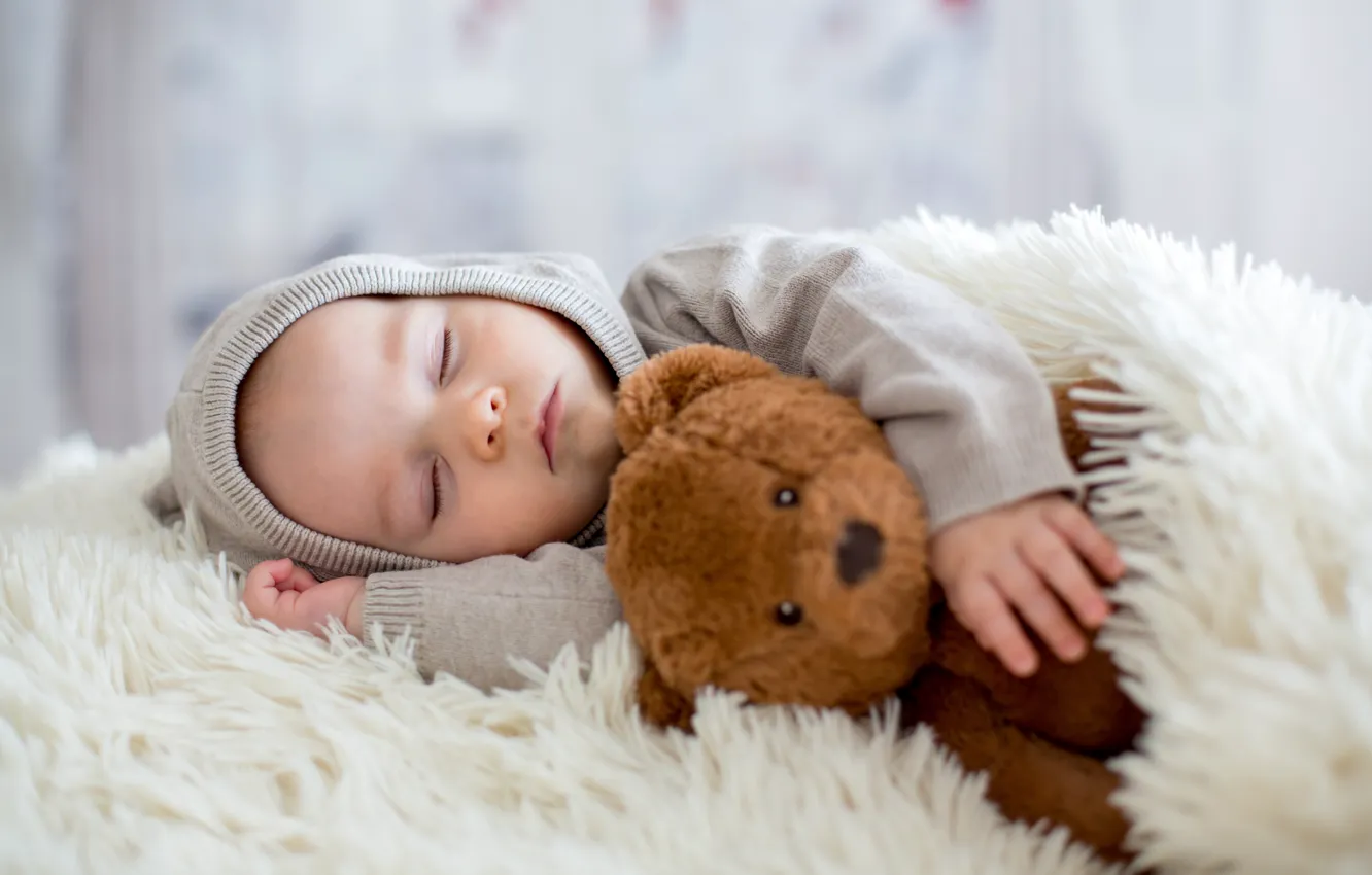 Photo wallpaper sleep, boy, baby, bear, bed, blanket