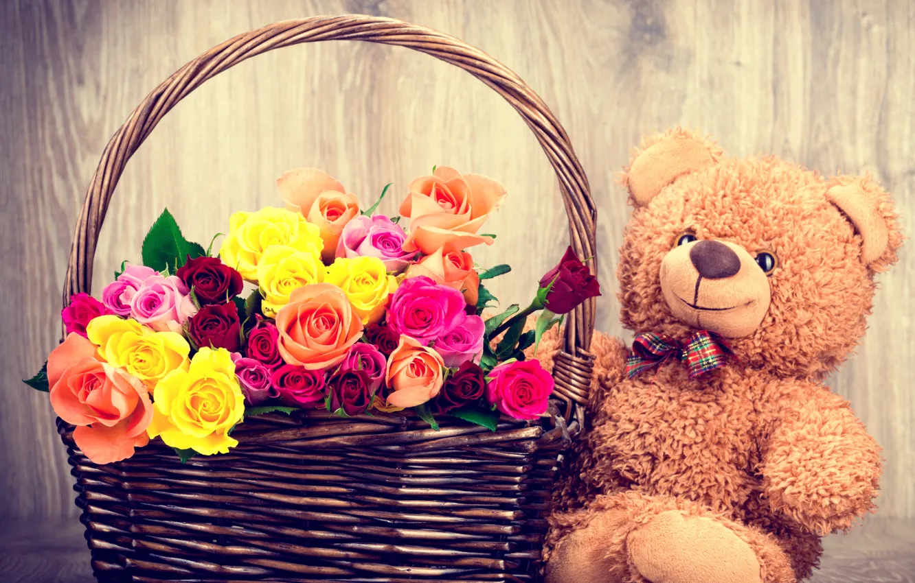 Photo wallpaper flowers, gift, basket, roses, bouquet, bear, love, flowers