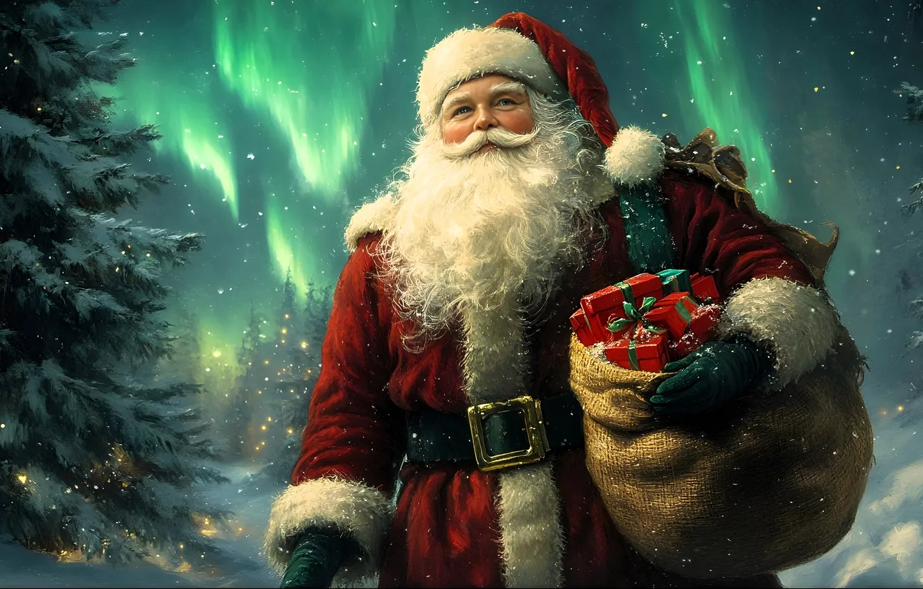Photo wallpaper forest, snow, gift, tree, Northern lights, Santa Claus, bag