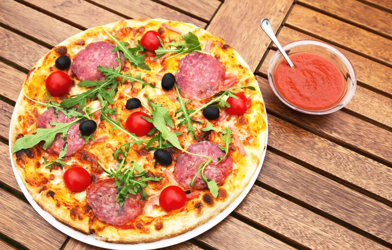 Photo wallpaper greens, pizza, tomatoes, sauce, tomatoes, sausage, pizza, cheese
