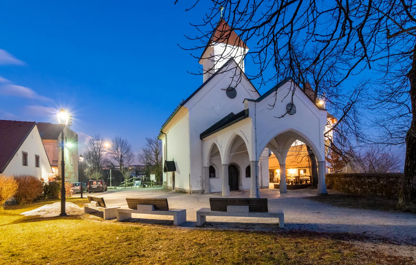 Photo wallpaper bench, lights, the evening, lights, Church, Slovenia, Kranj