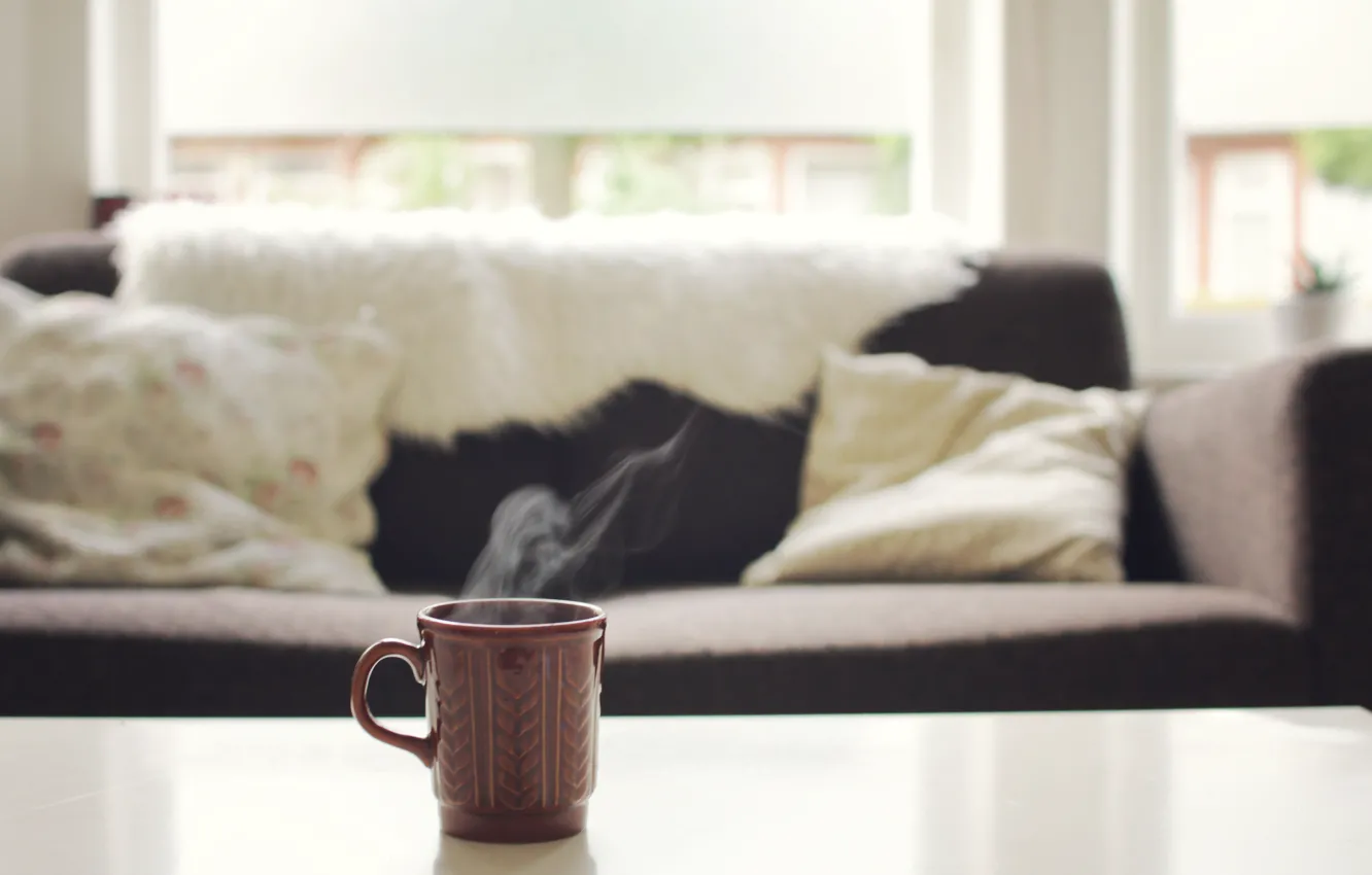 Photo wallpaper living room, sofa, tea, mug, vintage mug
