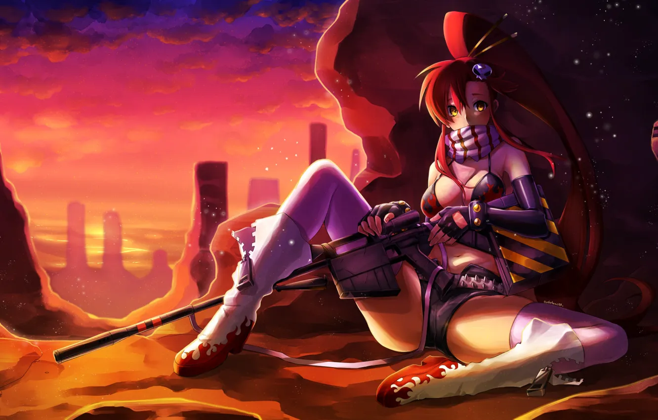 Photo wallpaper red, girl, gun, weapon, sniper, redhead, oppai, Red hair