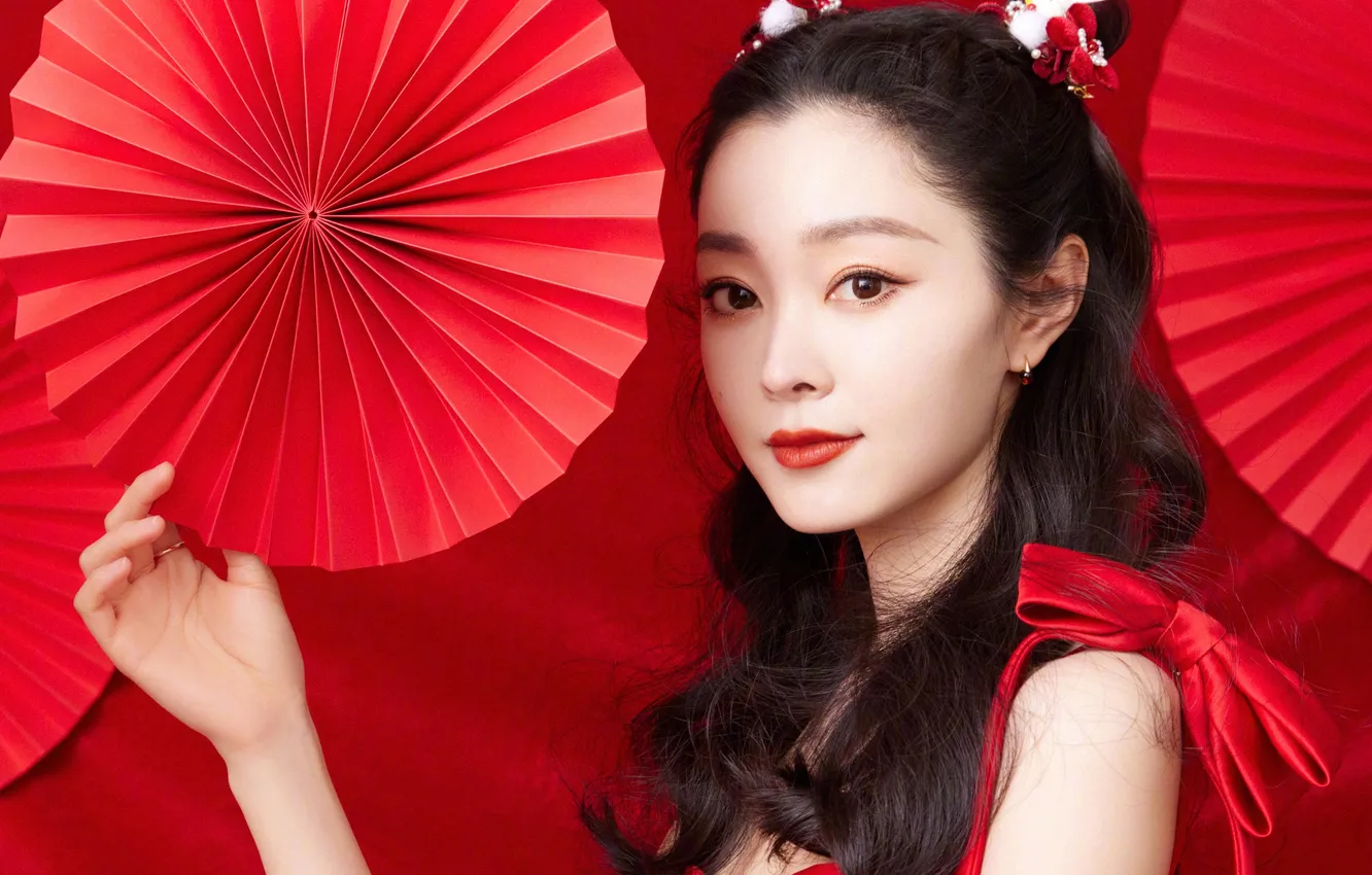 Photo wallpaper girl, red, fan, China, Asian
