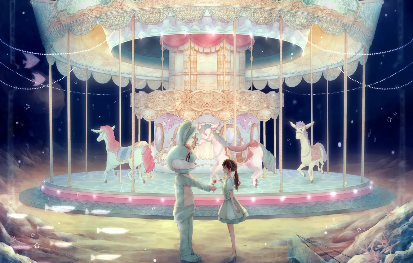 Photo wallpaper girl, fish, bubbles, horse, hare, anime, art, attraction