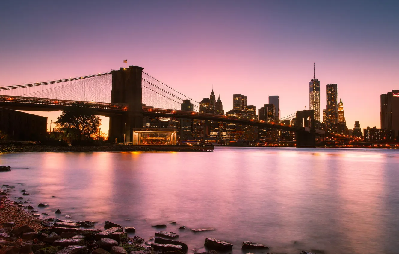 Photo wallpaper bridge, the city, the evening, new york, manhattan, Brooklyn Bridge, east river