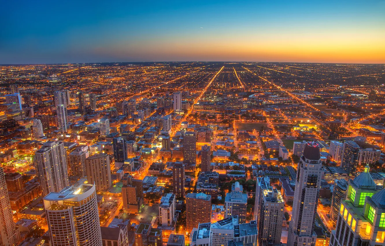 Photo wallpaper night, the city, lights, the evening, horizon, Chicago, Chicago