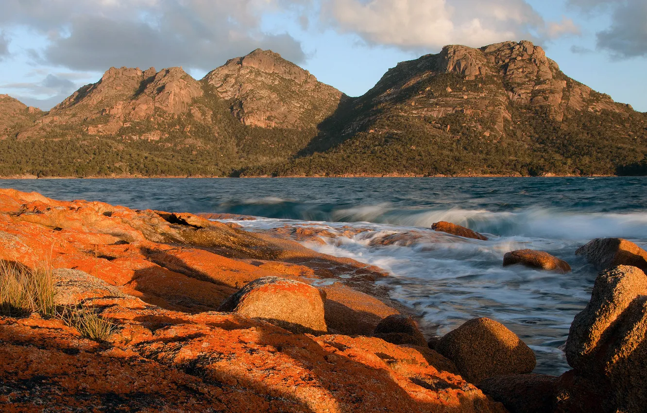 Photo wallpaper sea, the sky, clouds, mountains, stones, shore