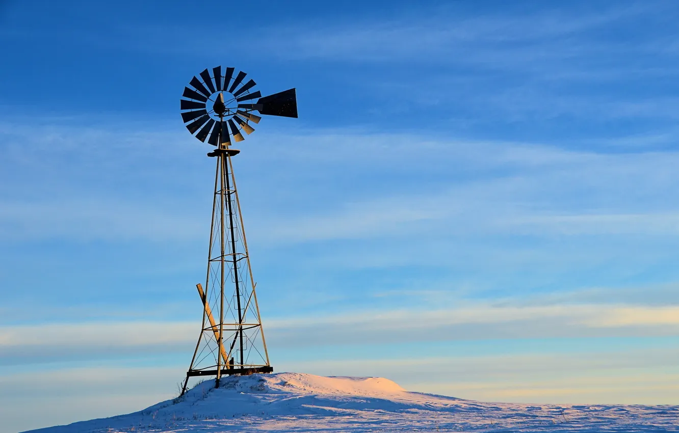 Photo wallpaper winter, field, windmills