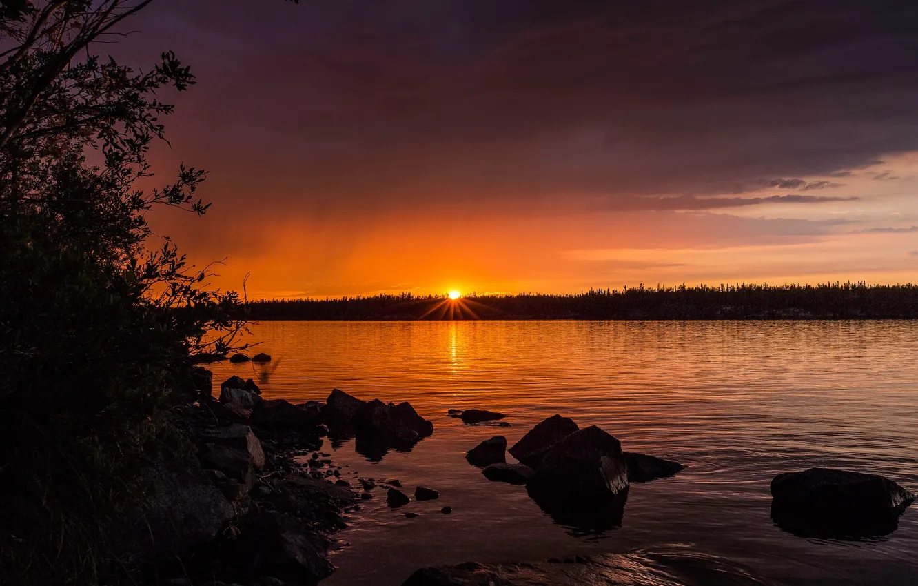 Photo wallpaper the sky, landscape, sunset, lake, stones, shore