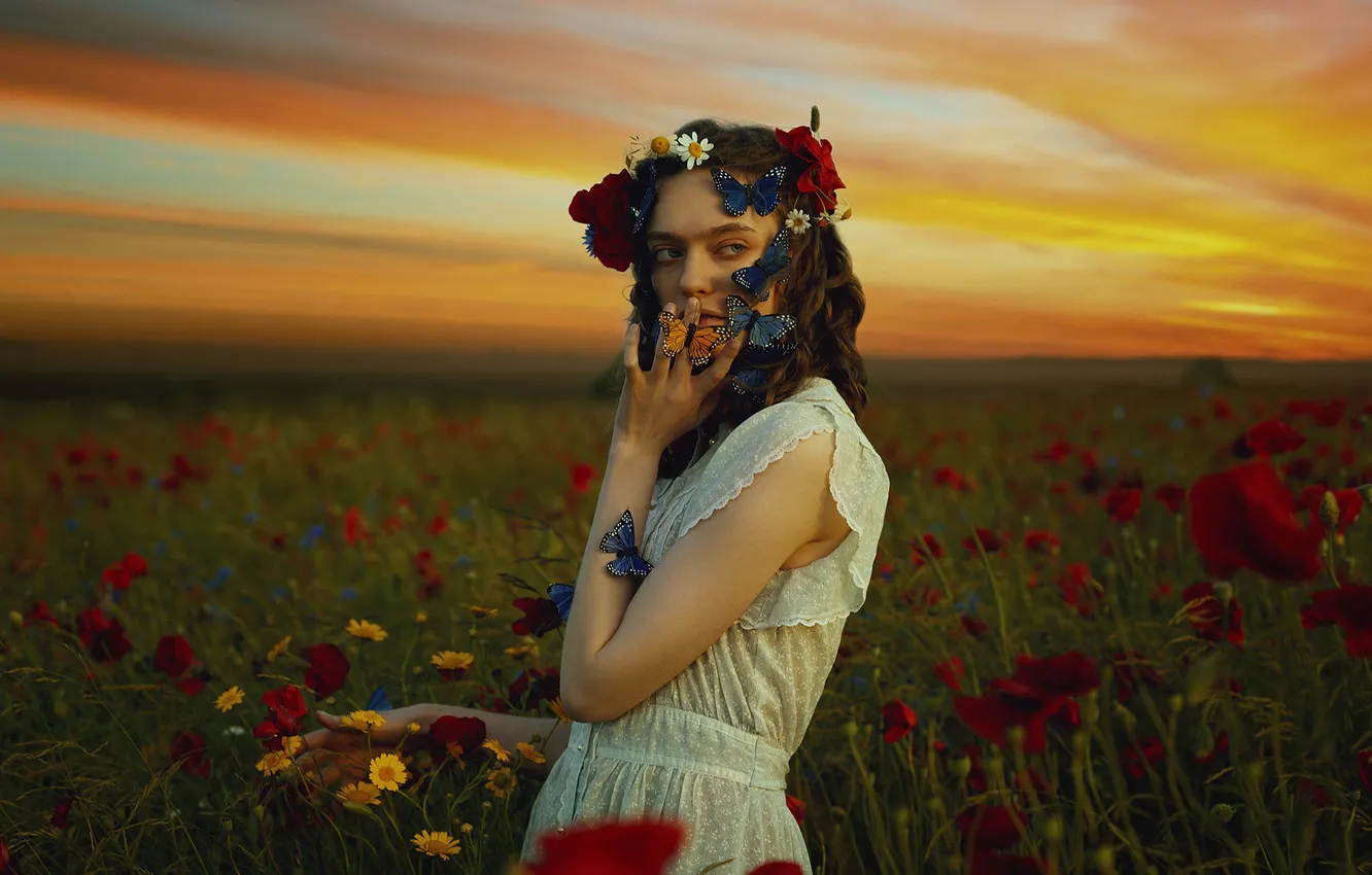 Photo wallpaper white, summer, the sky, look, girl, clouds, sunset, flowers