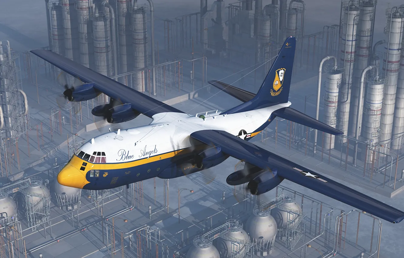 Photo wallpaper plant, art, the plane, Lockheed, military transport, marines, Hercules, Blue Angels