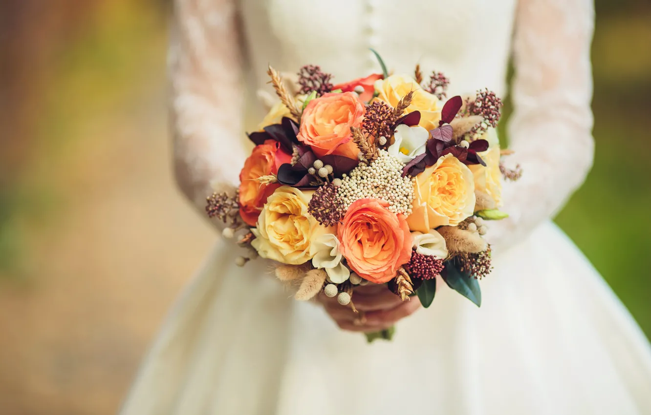 Photo wallpaper roses, bouquet, hands, gentle, the bride, wedding, beautiful, bouquet