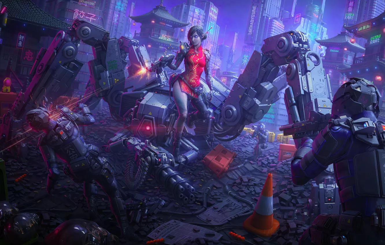Photo wallpaper girl, night, the city, death, weapons, fiction, China, robot