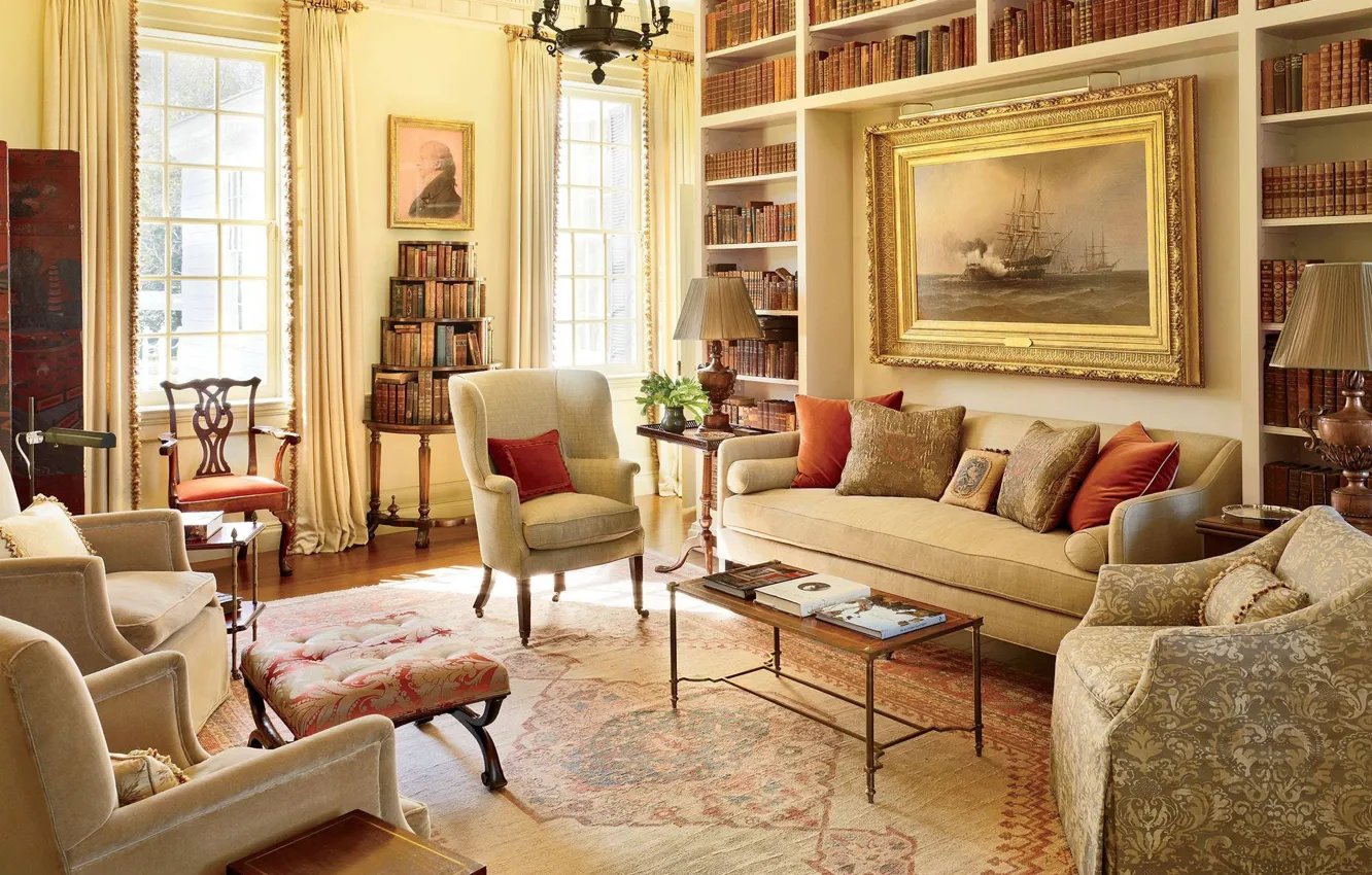 Photo wallpaper design, style, interior, library, living room, warm yellow