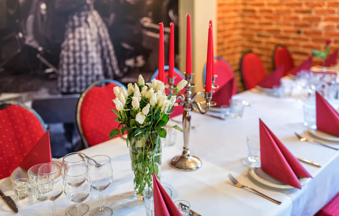 Photo wallpaper flowers, holiday, roses, cafe, dishes, serving
