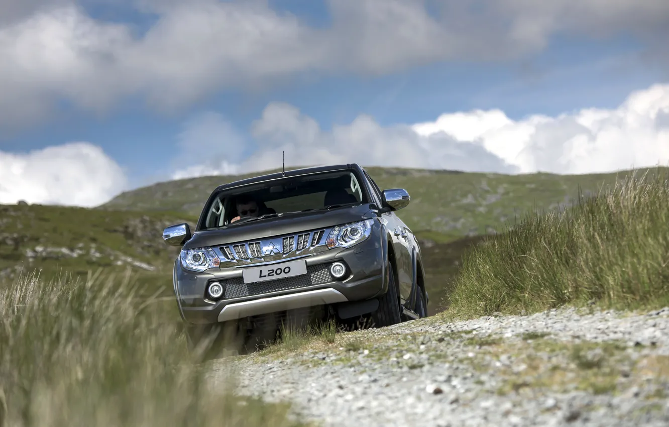 Photo wallpaper road, grass, mountains, Mitsubishi, pickup, L200, 2015