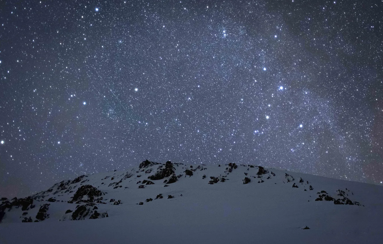 Photo wallpaper winter, space, stars, snow, mountains, the milky way, secrets
