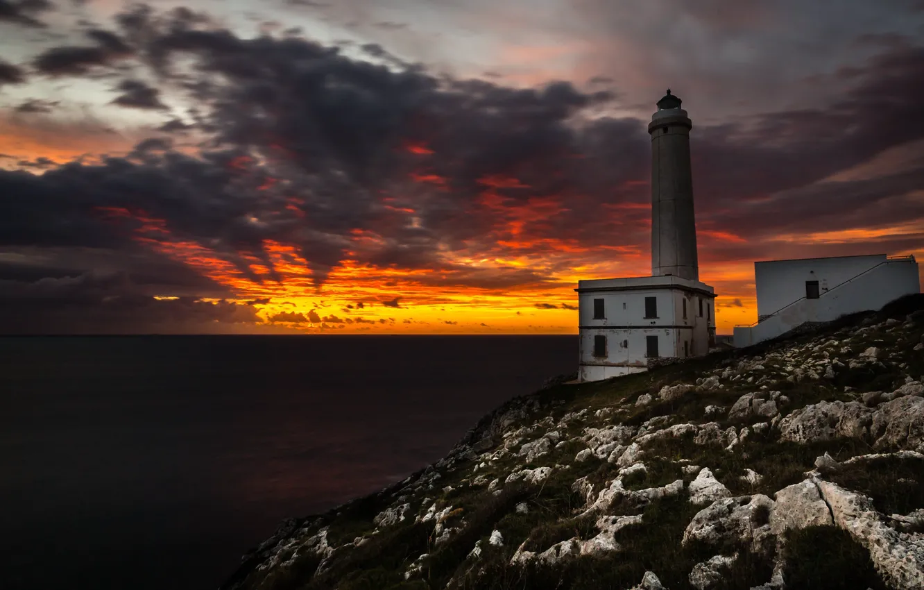 Photo wallpaper sea, night, shore, lighthouse