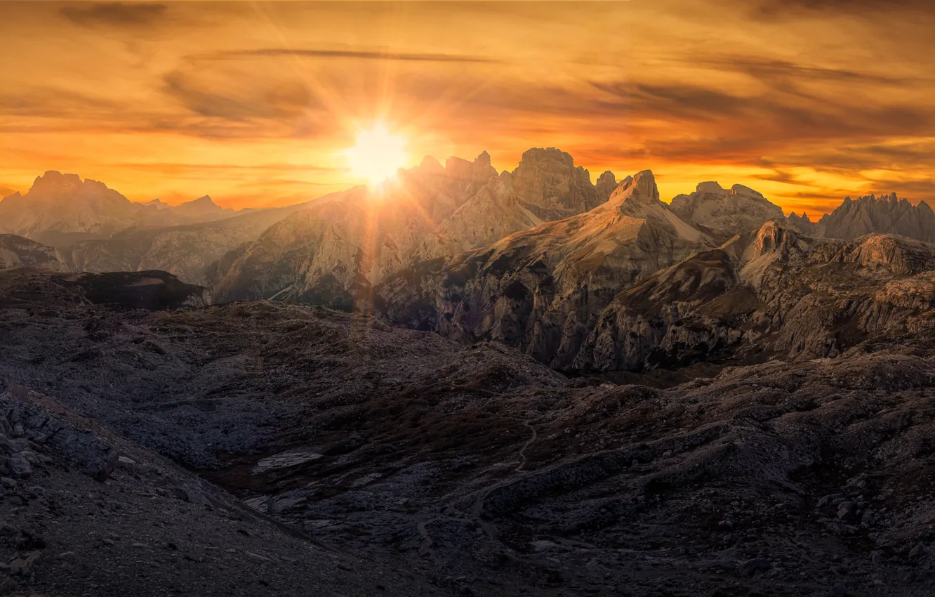Photo wallpaper the sun, sunset, mountains, rocks, panorama, The Dolomites