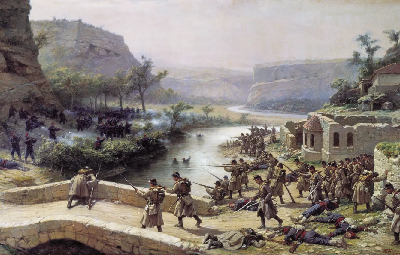 Photo wallpaper bridge, oil, the battle, Canvas, Pavel KOVALEVSKY, Battle of the Ivanovo-Chiflik 2 Oct 1877