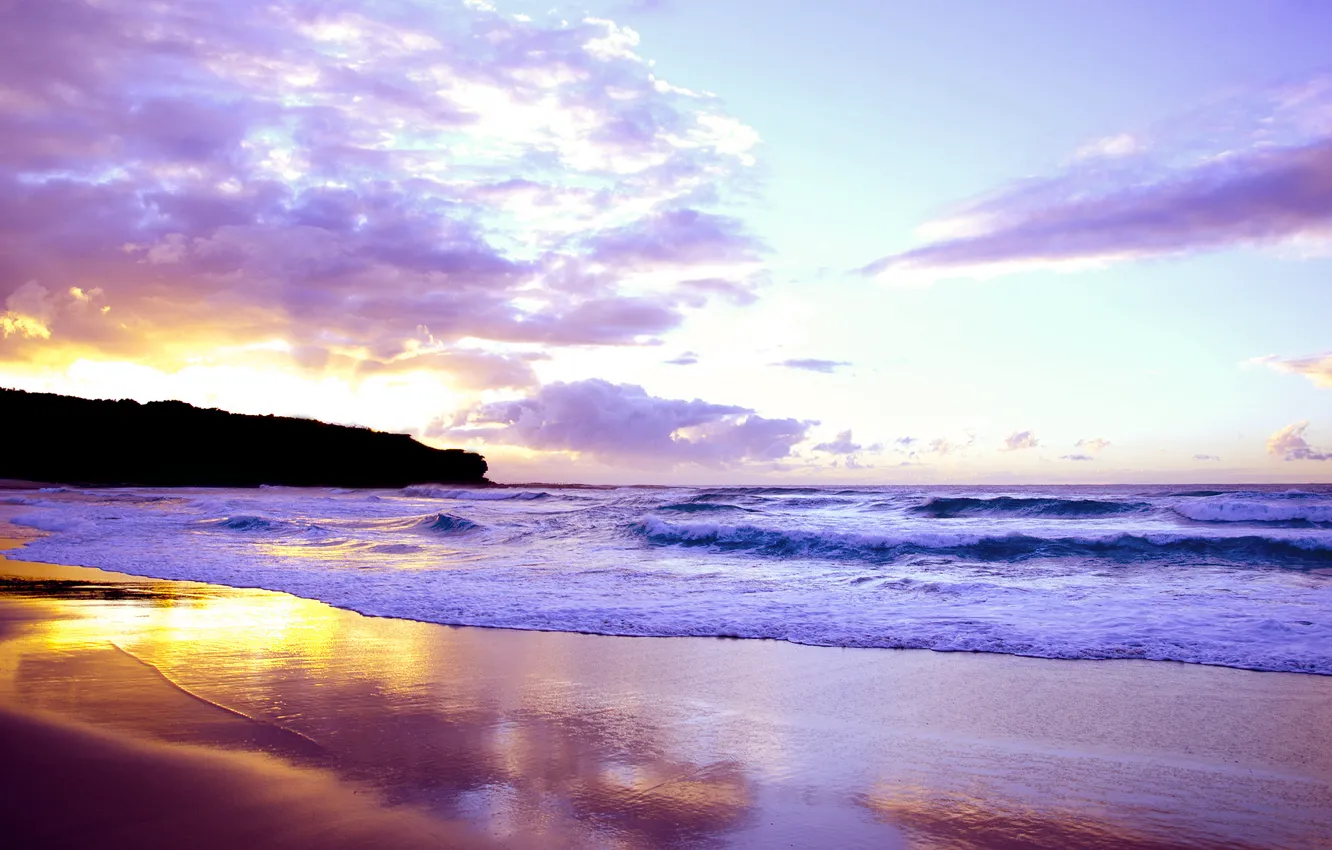 Photo wallpaper sea, wave, the sky, landscape, sunset, shore, beautiful