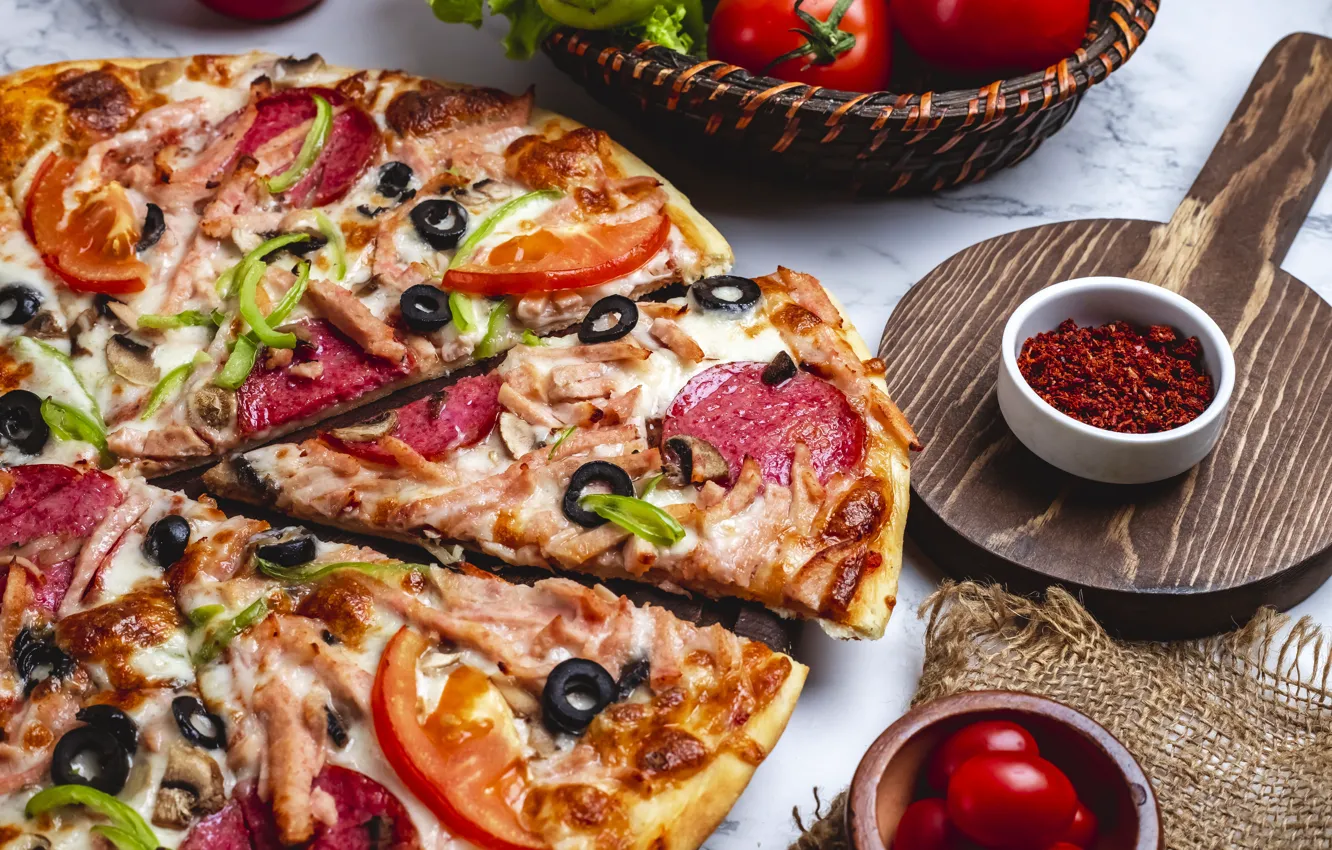 Photo wallpaper pepper, pizza, salami, tomatoes
