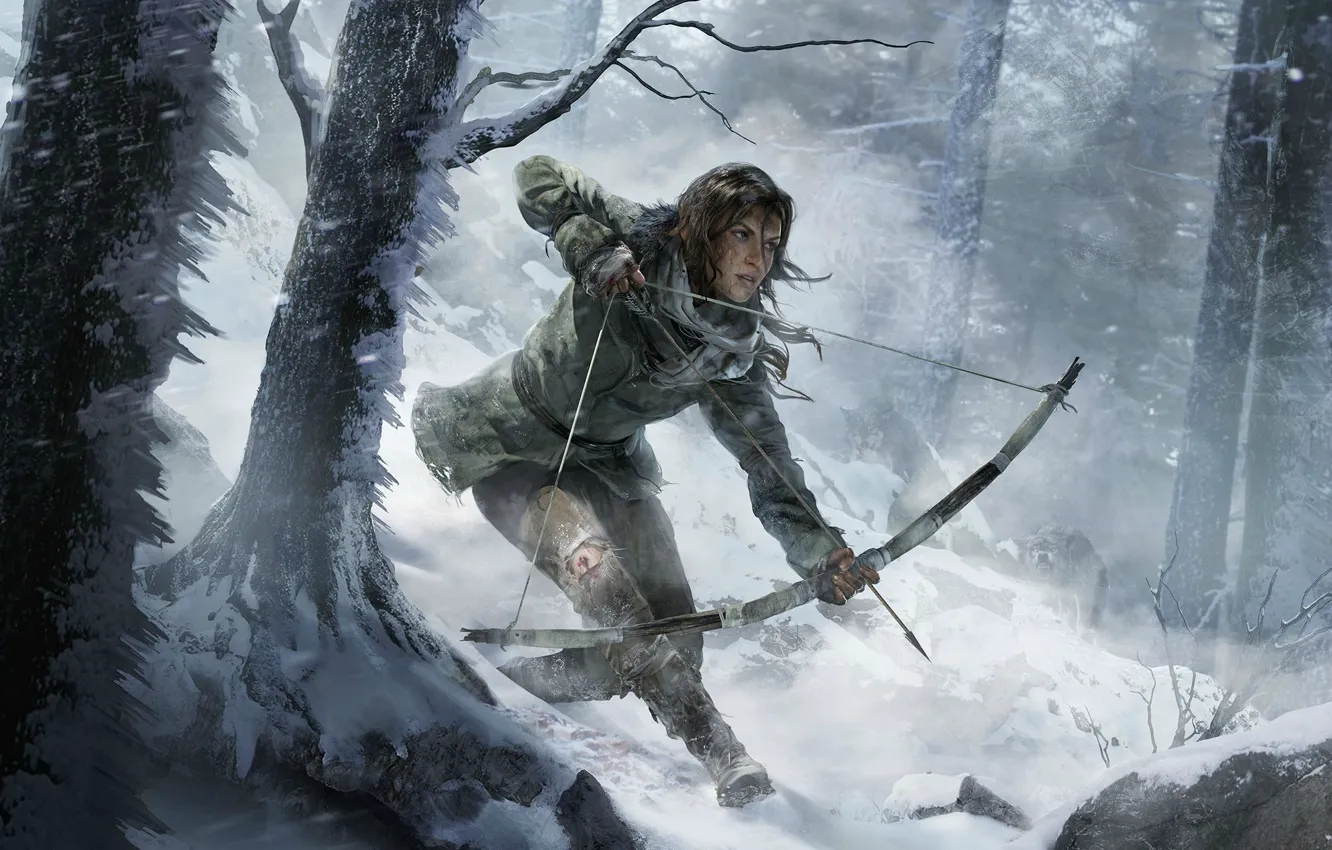Photo wallpaper winter, girl, snow, trees, bow, art, Lara Croft, arrows