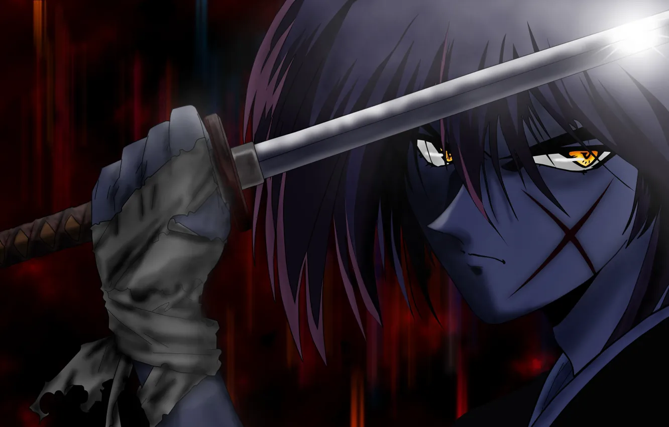 Photo wallpaper katana, blade, samurai, scar, yellow eyes, bandage, evil eye, Rurouni Kenshin