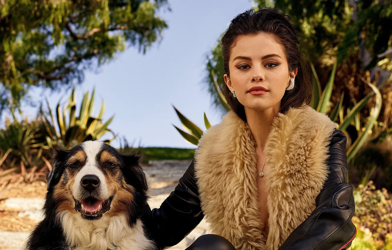 Photo wallpaper look, girl, face, pose, dog, makeup, fur, singer