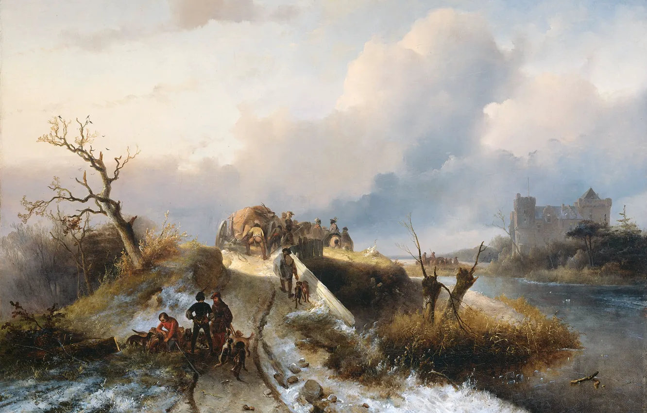 Photo wallpaper landscape, oil, picture, canvas, Charles Rochussen, The return from the Hunt