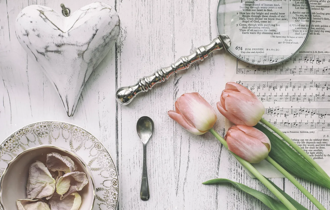 Photo wallpaper notes, heart, spoon, tulips, magnifier