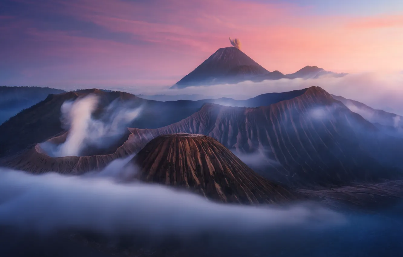 Photo wallpaper fog, smoke, volcanoes, Java, the volcano Bromo, Tanger