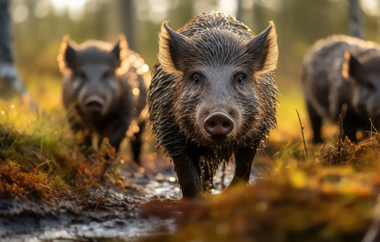 Photo wallpaper wild, boars, underbrush, tread, softly