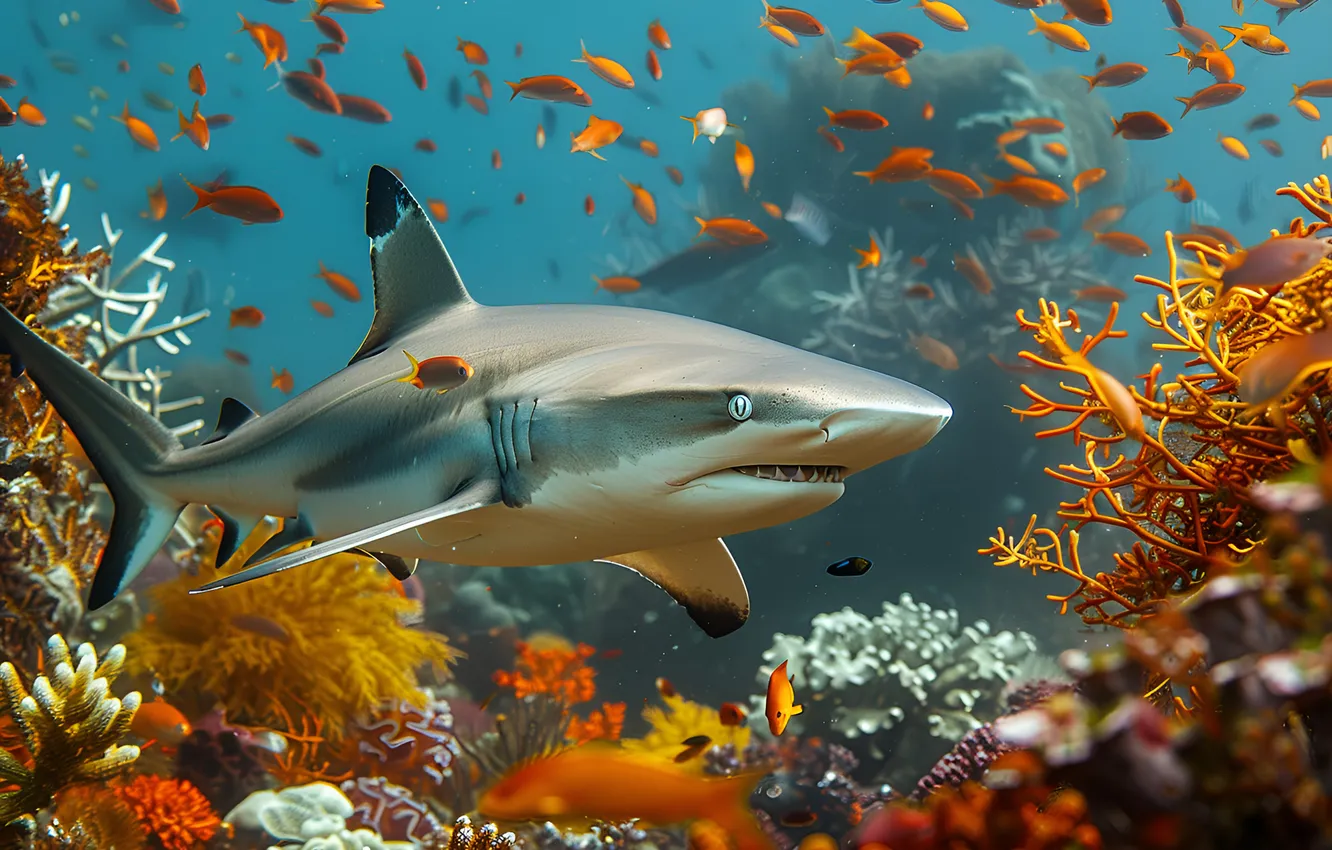 Photo wallpaper fish, predator, shark, corals, underwater world, digital art, AI art, The Art of Artificial Intelligence