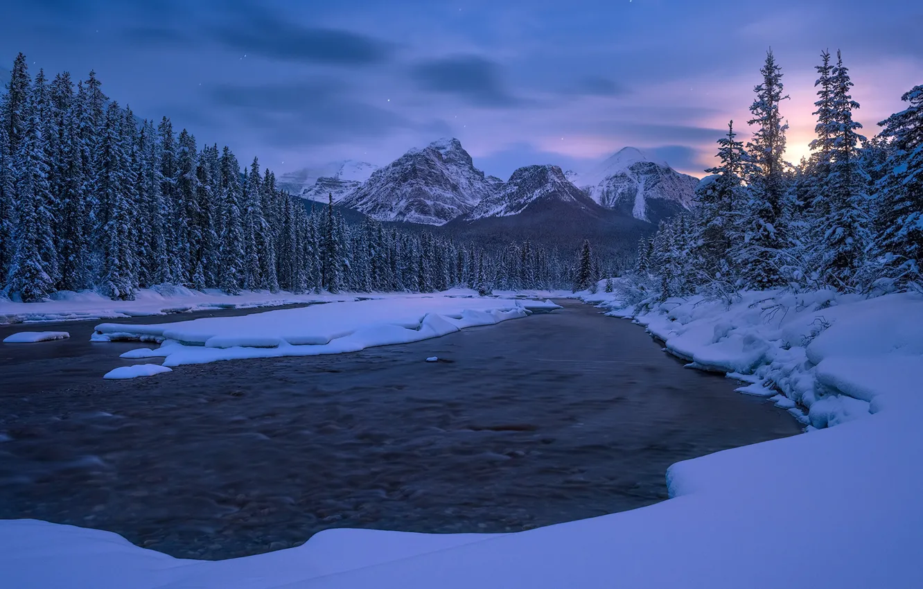 Photo wallpaper winter, forest, snow, mountains, river, ate, Canada, Albert