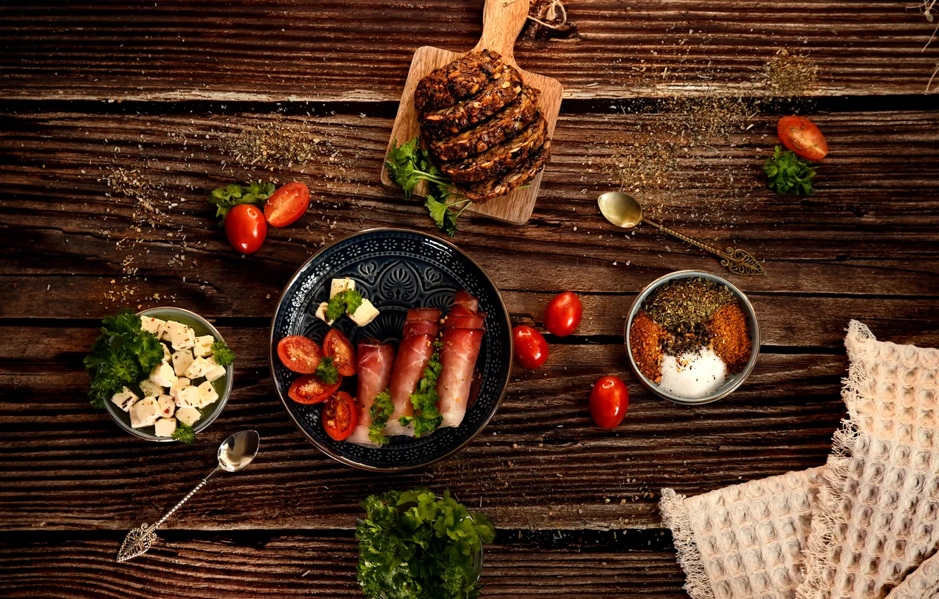 Photo wallpaper greens, bread, meat, tomatoes, wooden table, seasoning, It's delicious, Anna Stack