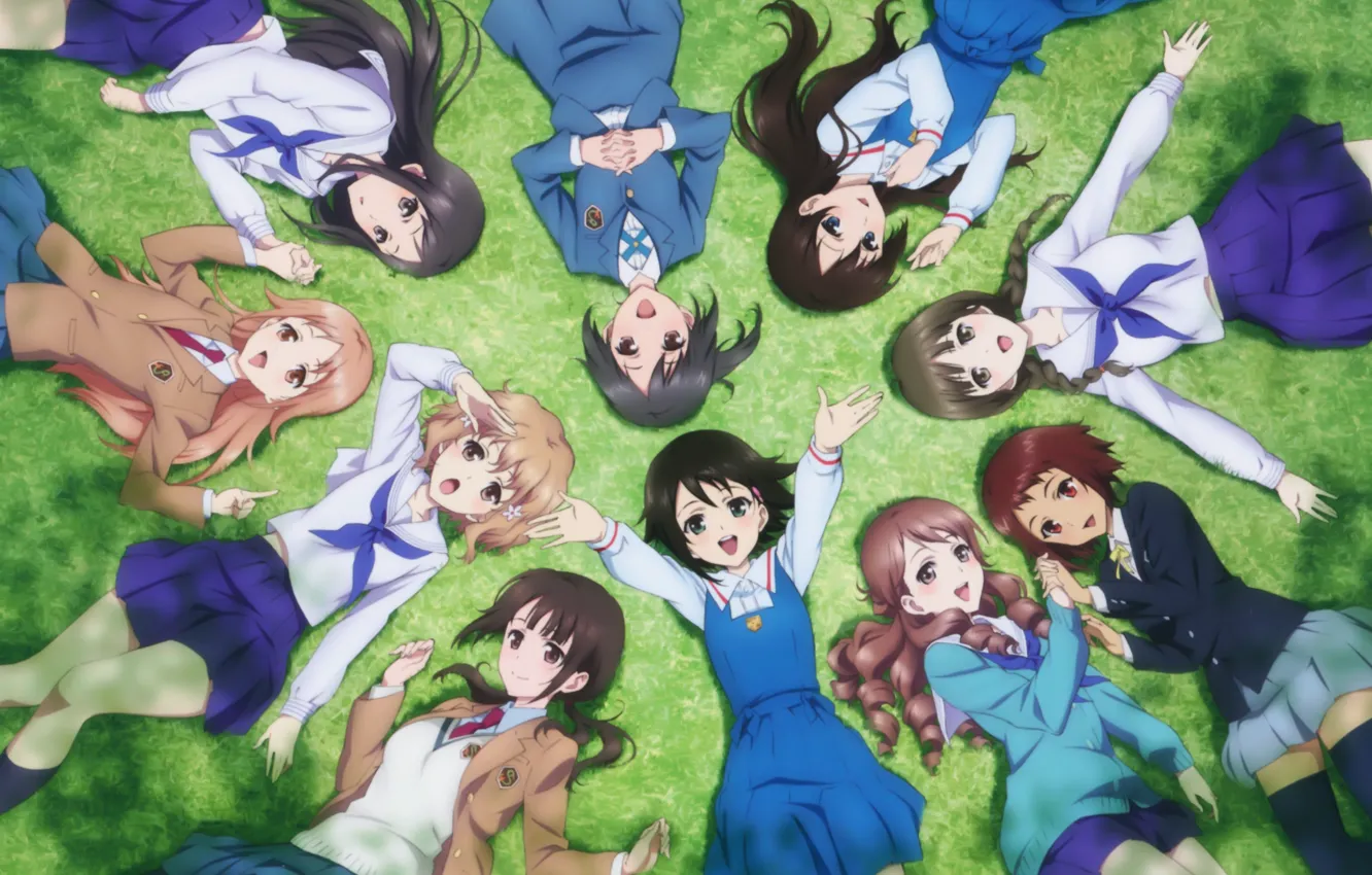 Photo wallpaper grass, joy, girls, tie, school uniform, long hair, art, friend