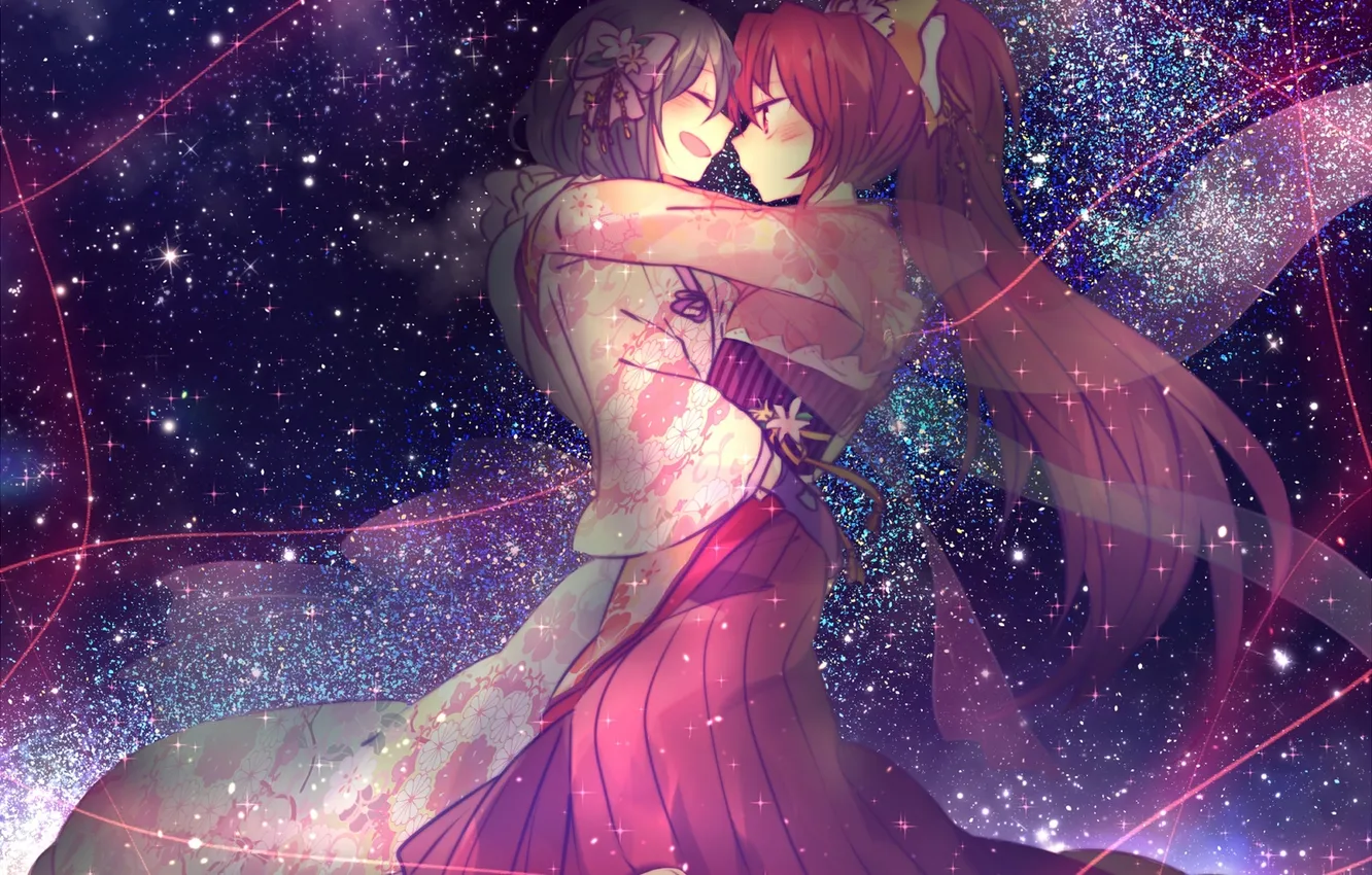 Photo wallpaper girl, stars, anime, art, tape, kimono, bow, mahou shoujo madoka magica