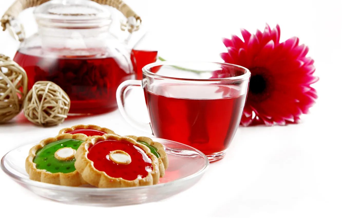 Photo wallpaper flowers, tea, cookies, saucer, teapot